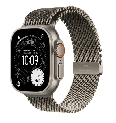 Apple Watch Ultra 3 mieten, mit Milanaise Armband Titan Natur