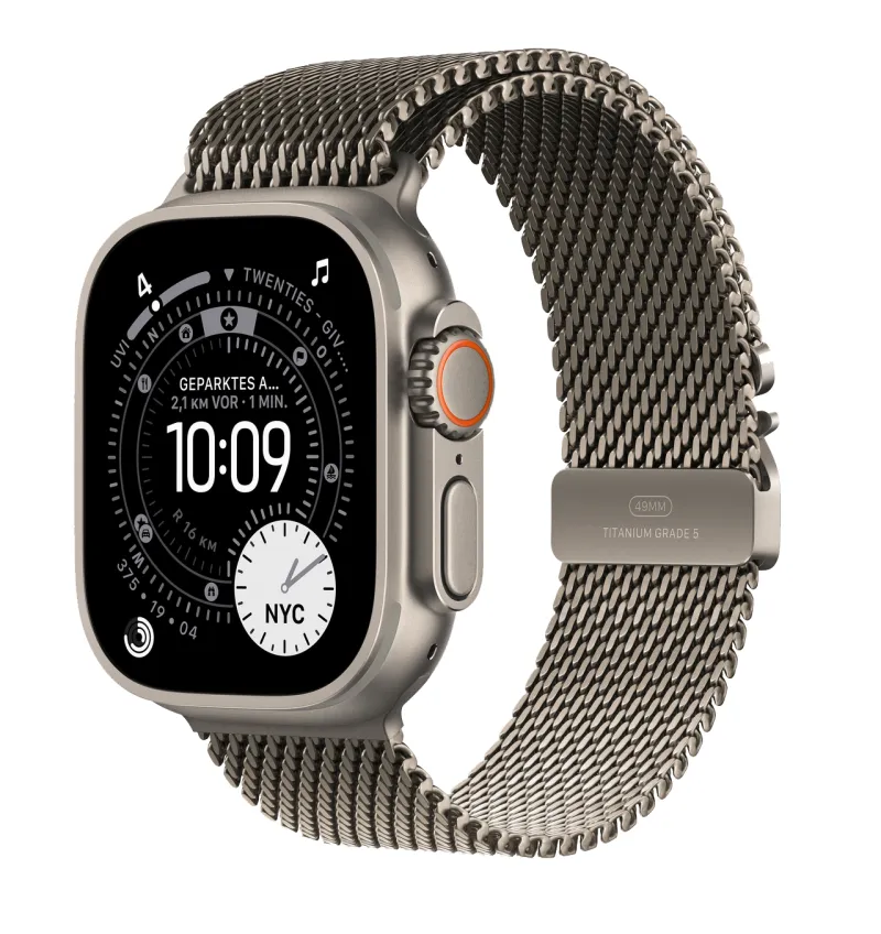 Apple Watch Ultra 3 mieten, mit Milanaise Armband Titan Natur