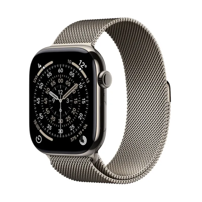Apple Watch 11 GPS + Cellular mieten, 42 mm oder 46 mm Titan Natur, Milanaise Armband Natur